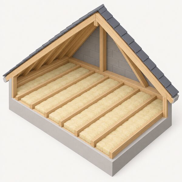 An empty loft space seen in isometric view with a clean blanket of insulation neatly laid between the timber joists, its surface smooth and undisturbed, with the rest of the loft clear and ready for a new layer to be added on top.