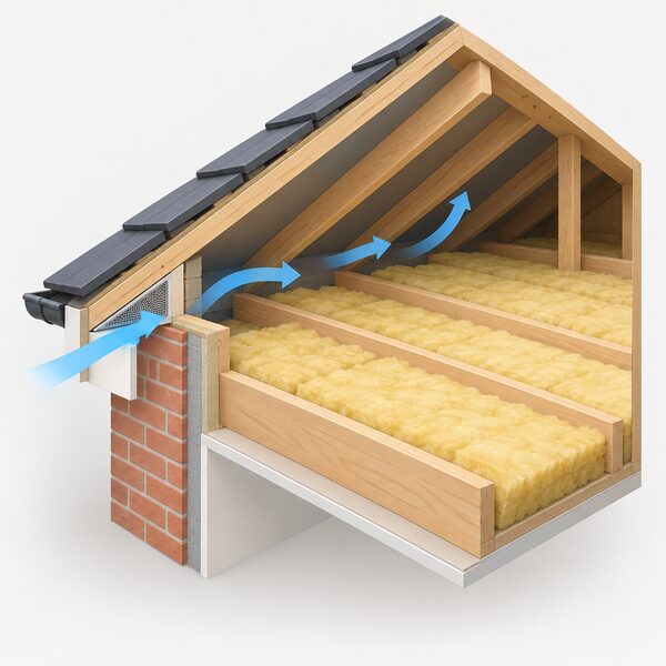 A cutaway view of a cold loft showing insulation laid between joists that stops short of the eaves, leaving a clear air gap at the eaves vent so air can pass from outside into the loft space above the insulation.