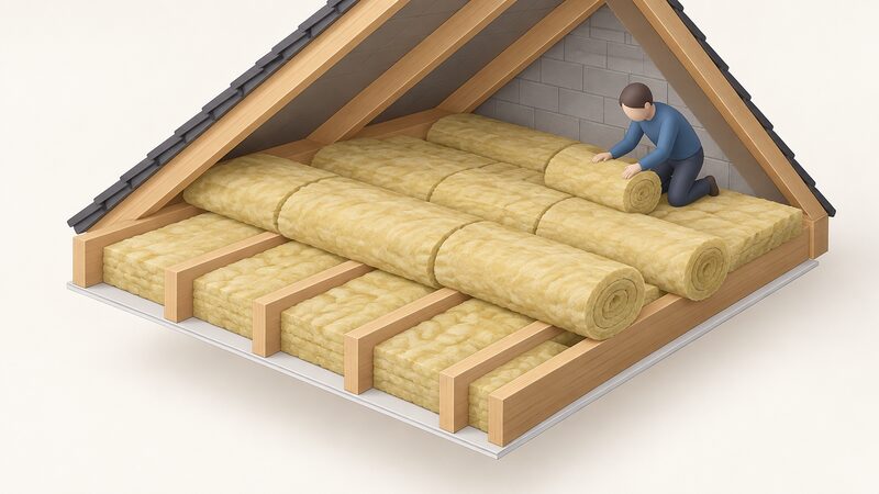 A cutaway loft space showing a lower layer of mineral wool rolls laid between the ceiling joists and a second layer of rolls laid at right angles on top, with the upper rolls crossing over the joints of the lower layer so no gaps line up.