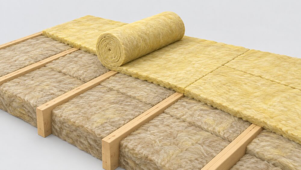 A close-up of a cold loft floor showing a lower layer of mineral fibre insulation between and over wooden joists, with a new roll of insulation being unrolled across it at right angles so the joints of the two layers do not line up.