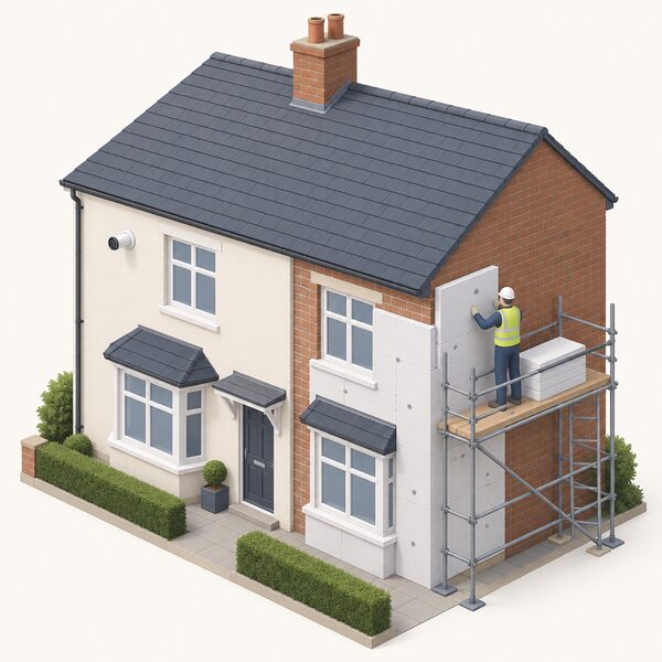 A semi-detached house with one half of its front elevation covered in new external solid wall insulation while an installer on a scaffold fixes insulation boards to the remaining bare solid brick wall, with a boiler flue visible on the wall.
