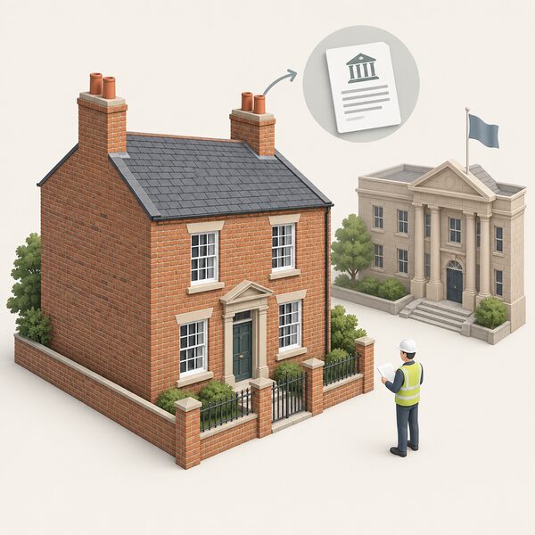 A traditional listed brick building with solid walls and no external insulation fitted, shown with a small isometric figure of a surveyor standing outside consulting a document, with a local planning authority building suggested nearby to indicate that listed building consent must be sought before any external wall insulation work.