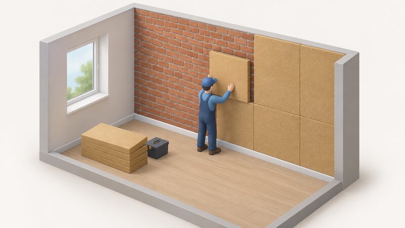 A simplified isometric figure fixes a wood fibre insulation board directly onto a stripped internal solid brick wall in a single room, the wall surface bare and prepared with no plaster or paint remaining, a partly covered neighbouring section showing boards already fixed flush.