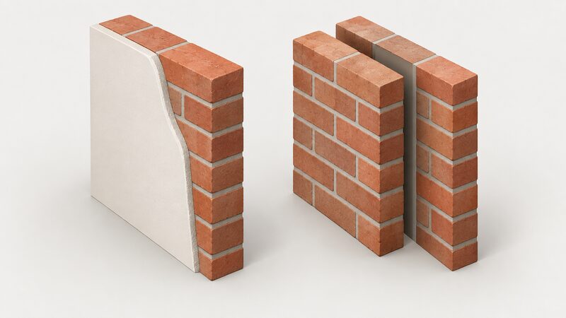 A cutaway diagram showing two wall sections side by side: a solid brick wall one brick's length thick with plaster on the inner face, and a cavity wall of two brick leaves separated by a clear gap between them.