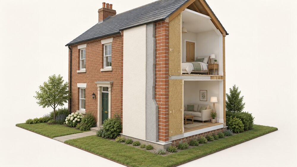 A cutaway corner of a traditional pre-1919 brick house showing a solid nine-inch brick wall with no cavity, thick vapour-open wood fibre insulation boards fixed directly to the prepared inner wall face, and external insulation with a breathable lime render finish on the outside.