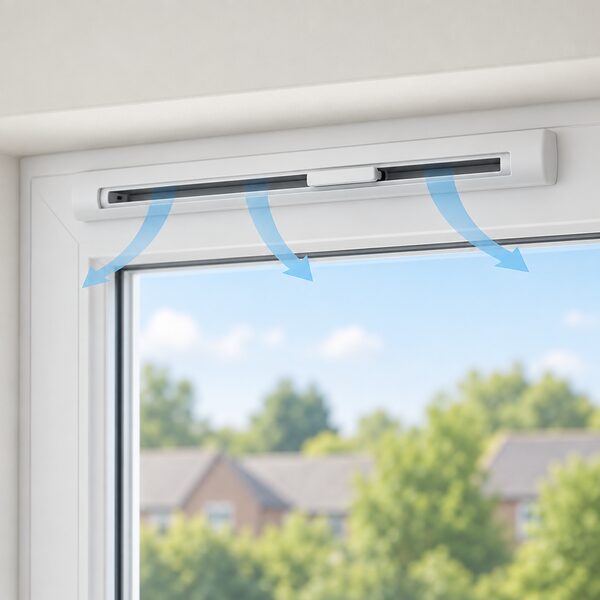 A close view of a slim trickle vent fitted along the top of a modern double glazed window frame, shown from inside the room with the vent slider partly open to admit background air.