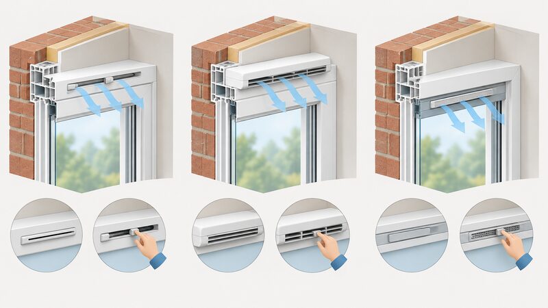 A cutaway diagram of the head of a window frame shown three times side by side, each cutaway revealing one trickle vent style: one passing through the top of the frame, one sitting over the frame, and one glazed in above the glass, each with a simple open-and-closed slider shown.