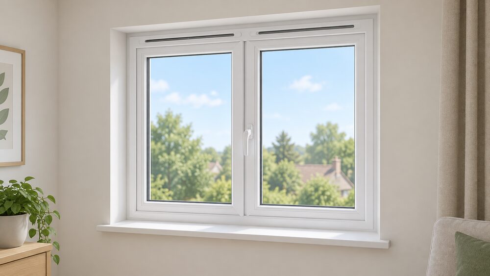 A close-up of a newly fitted double-glazed window in an interior room wall, with a slim trickle ventilator slot along the top of the frame, shown with the window closed and locked.