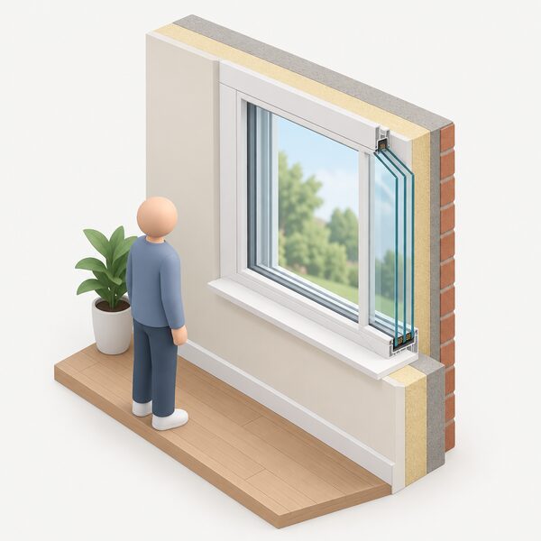 A cutaway view of a house wall showing a triple glazed window fitted in the opening, with a simplified isometric figure indoors beside it, the three panes and sealed unit edge visible in section to show the installed energy efficient glazing.
