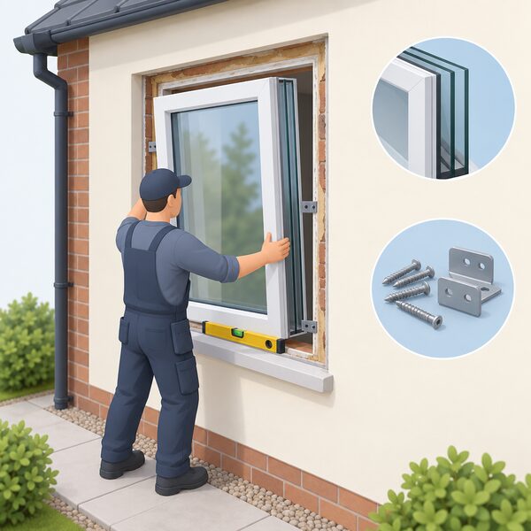 A fitter in plain work clothes guides a thick triple glazed window unit into an open wall opening of a house from outside, using a level and fixings, with the old opening reveal and frame visible around the new unit being set in place.