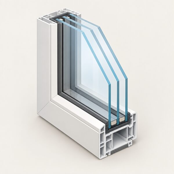 A close cutaway view of a triple glazed sealed unit set in its window frame, showing three panes of glass with two gaps between them and the surrounding frame profile, illustrating that the whole window comprises glass and frame together.