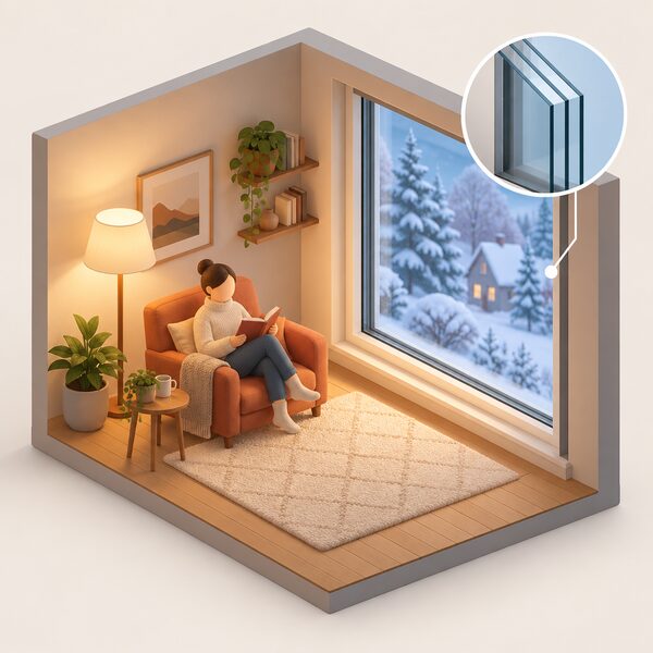 A cosy living room with an armchair, rug and lamp beside a large triple glazed window, warm colour tones inside contrasting with a cool wintry scene outside, showing the window keeping warmth in and reducing the home's heat demand.