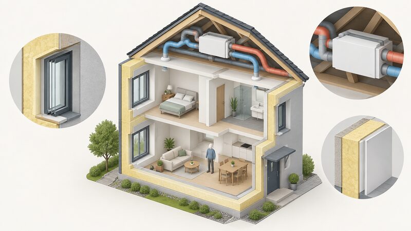 A cutaway isometric view of a small Passivhaus dwelling with thick continuously insulated walls, triple glazed windows set in insulated frames within deep window reveals, and an MVHR unit with ducts inside the roof space.