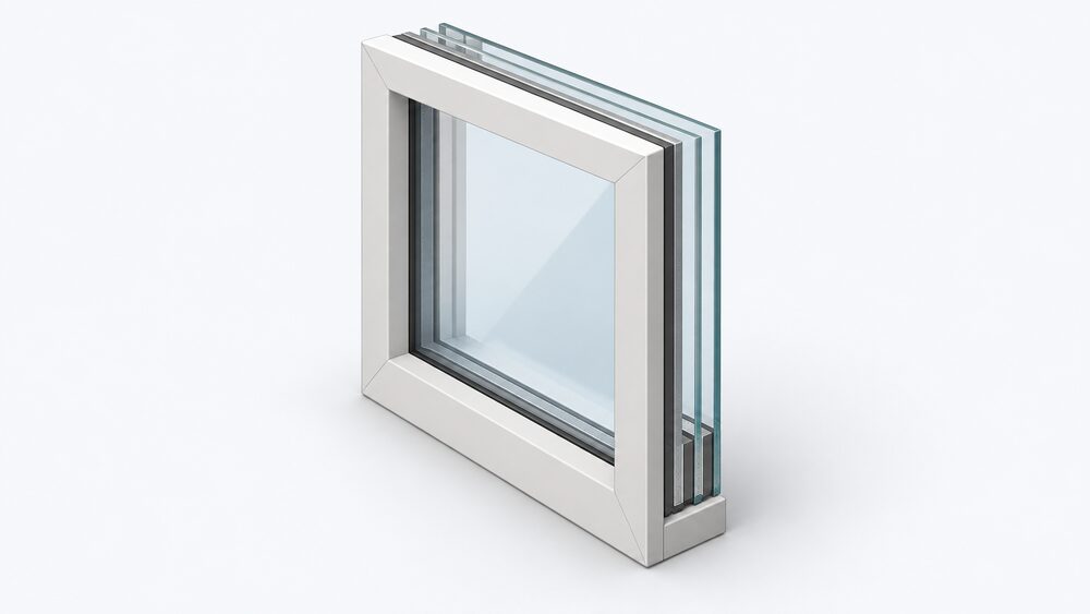A triple glazed window in a deep frame, seen at an angle so the edge of the sealed unit shows three panes of glass separated by two spacer bars, set centrally with nothing else around it.