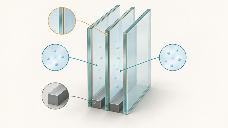 A cutaway diagram of a triple glazed sealed unit standing upright, showing three parallel glass panes separated by two spacer bars, with the two gas-filled cavities between them and a low-emissivity coating indicated on the inner faces of the panes.