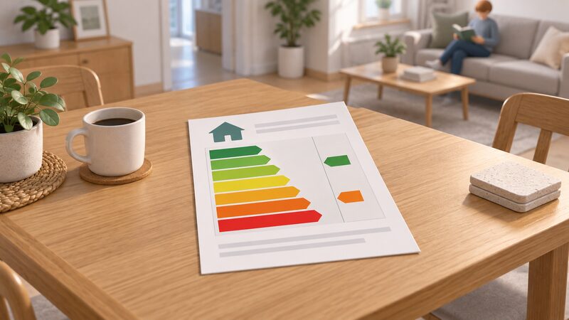 An EPC certificate lying on a table in a home, drawn as a physical document with its coloured A to G energy band chart shown as plain colour bands and the current and potential ratings marked as simple pointer arrows on blank bands with no readable words or numbers.