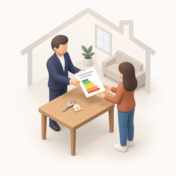 A folded energy performance certificate document lying on a table beside a set of house keys, being handed over by a small isometric figure to another figure, with a simple house outline in the background and the certificate's rating bands shown only as plain colour blocks with no readable words or numbers.