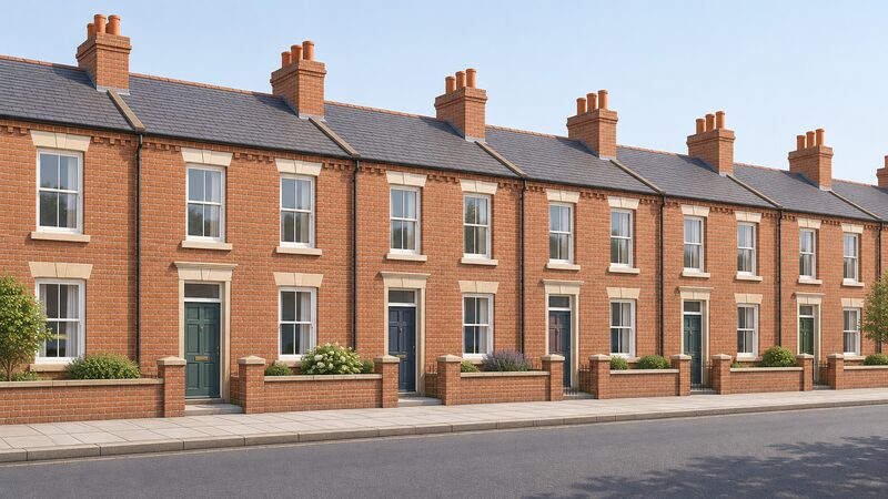 A row of pre-1919 terraced houses seen from the street, each with a visible chimney stack on its roof ridge, plain brick solid walls, sash windows and front doors, drawn as a simple street scene with no people or equipment.