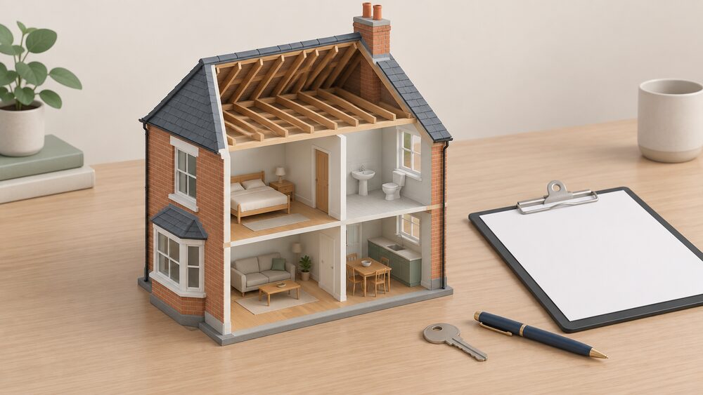 A small cutaway model of an older house sits centrally on a table, its loft open showing bare joists with no insulation and a single-glazed window, beside a blank certificate-style document on a clipboard, a house key and a pen.
