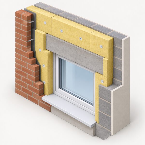 A cutaway isometric view of an external insulated cavity wall showing a concrete lintel spanning a window opening, with insulation boards continuing over and around the lintel and into the reveal to illustrate the junction where heat escapes.