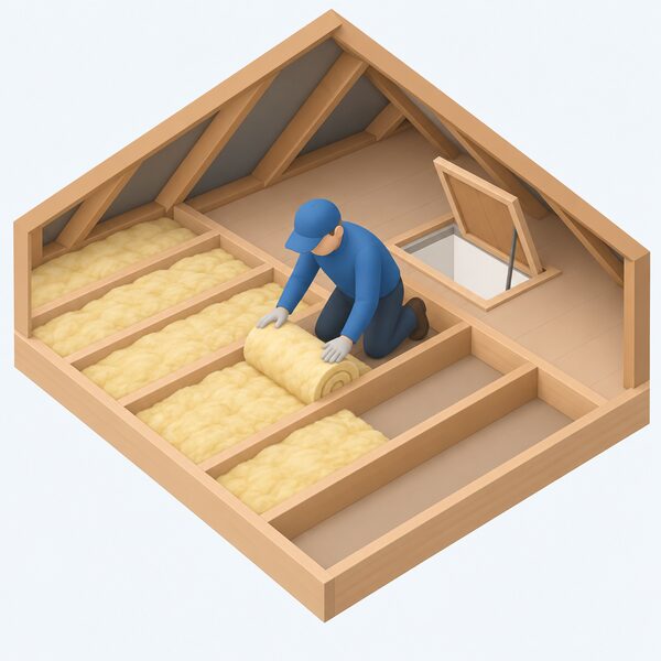 A simplified isometric figure kneels in a loft, laying a roll of insulation between exposed ceiling joists, with a section of already insulated joists beside them and an open loft hatch behind showing the work is being installed in a home roof space.