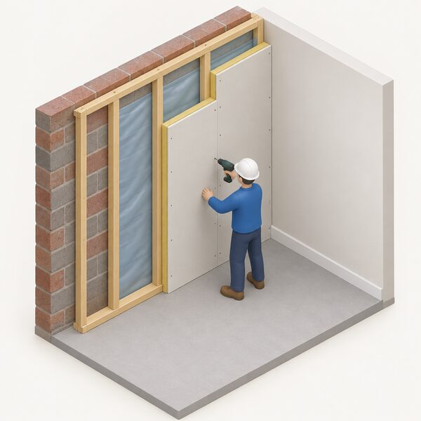 A cutaway room corner during retrofit showing a timber studwork frame fixed against the inside face of a solid external wall, with a small isometric installer fixing a pre-insulated board to the frame, a vapour control layer partly visible behind the boards.