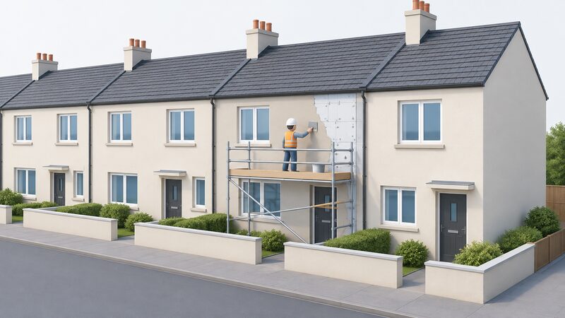 A row of newly rendered social terraced houses with smooth external wall insulation finishes and fresh replacement windows, one simplified figure on a scaffold platform applying render to the insulation boards on an upper wall while a neighbouring house shows the completed render and new glazing.