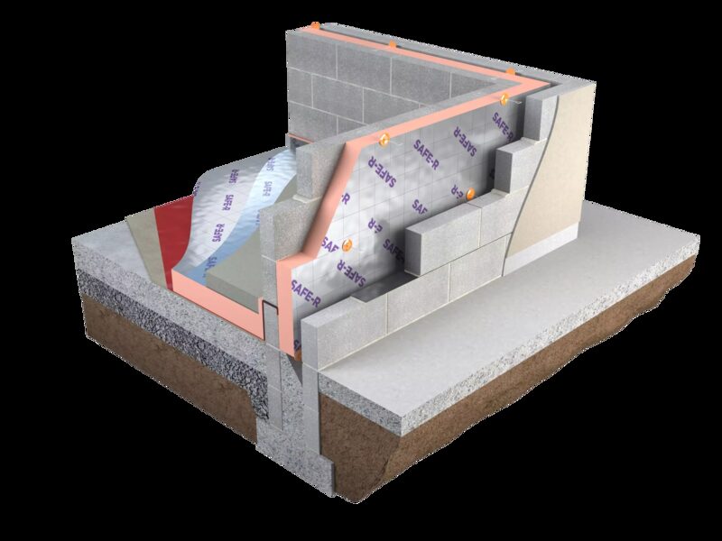 A 3D cutaway diagram showing Safe-R phenolic insulation boards installed in a wall and floor construction detail