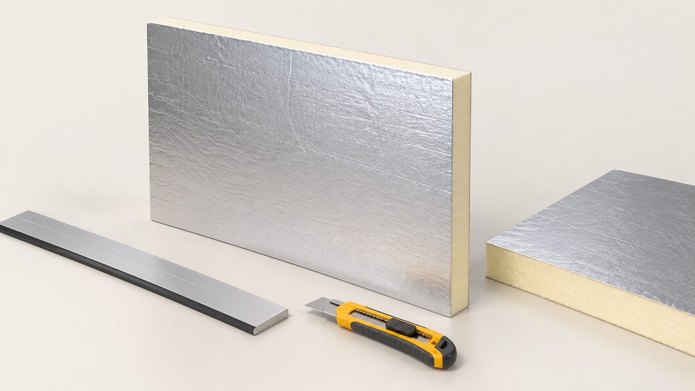 A close-up of a single rigid PIR insulation board with a foil facing, standing centrally, with a second board partially cut to show its pale rigid foam core, a straightedge and a utility knife resting beside it on a flat surface.