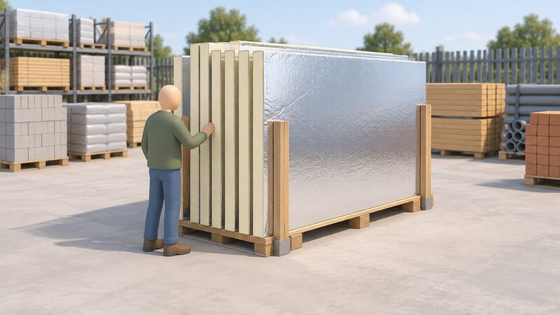 A stack of rigid foil-faced PIR insulation boards standing on edge in a builders' merchant yard, with the shiny foil facing visible on the outer boards and the pale foam core showing along the cut edges, a simplified figure browsing the stack.