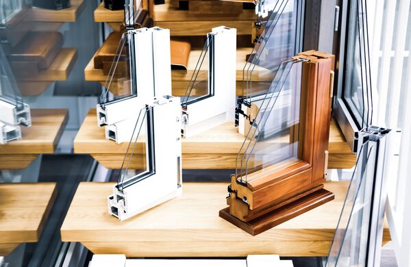 Cutaway samples of uPVC and wooden double-glazed window frames displayed on wooden shelves in a showroom