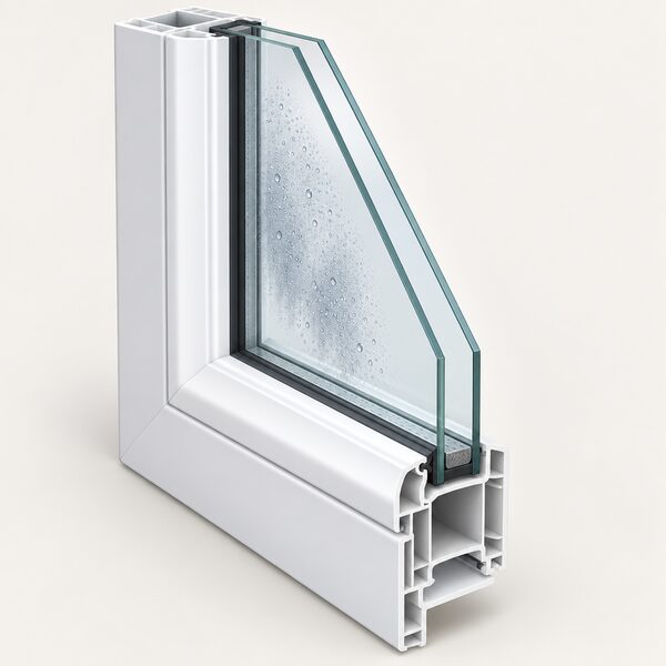 A close-up cross-section view of a uPVC casement window frame holding a sealed double glazed unit, with misty condensation droplets visible on the inner surface of the outer pane in the gap between the two panes of glass, showing the failed seal.