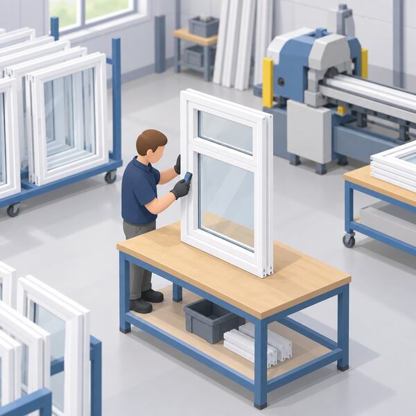 A white uPVC window frame standing on a workbench in a bright UK factory workshop, where a simplified isometric worker in plain clothing inspects and finishes the made-to-measure frame with a hand tool, with other frames and machinery in the background.