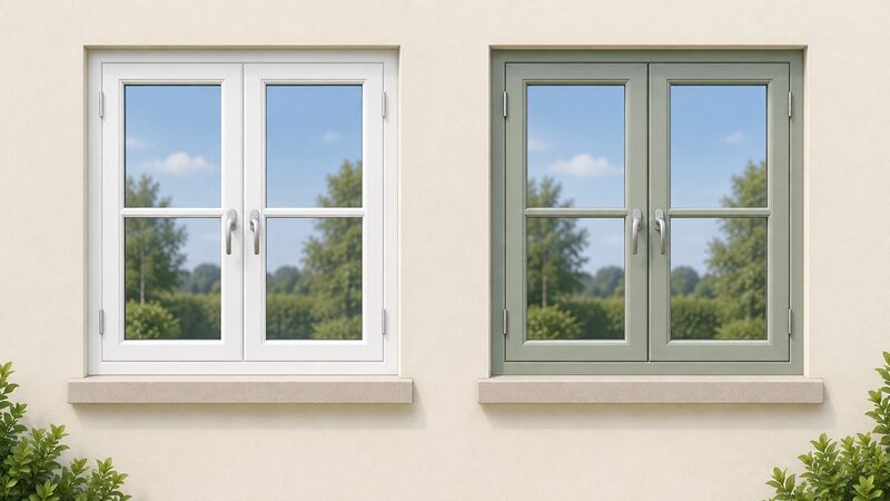 A single wall opening shown twice side by side: on the left a plain white uPVC casement window, on the right a painted timber casement window of identical size and glazing pattern, both closed with their opening casements and handles visible.