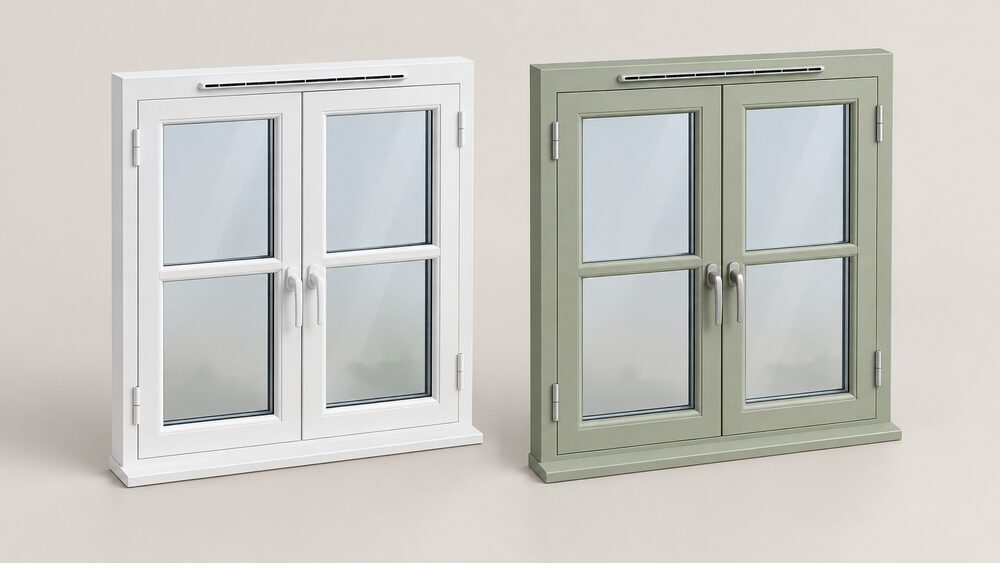 A white uPVC casement window and a painted timber casement window of the same size and glazing pattern stand side by side against a plain neutral background, each with a sealed double-glazed unit and a trickle ventilator at the top of the frame.