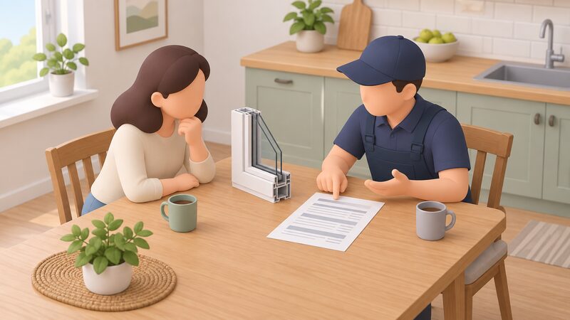 A householder and an installer sit at a kitchen table reviewing a printed quotation sheet, with a cut sample section of window frame lying between them for the householder to examine.
