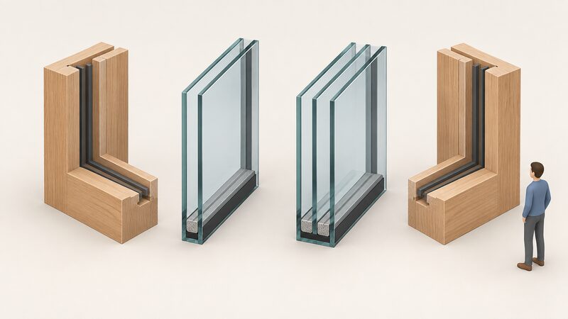 A cutaway isometric view showing a triple-glazed sealed unit with three panes standing beside a double-glazed unit with two panes, both sized to fit the same window frame rebate so their outer dimensions match.