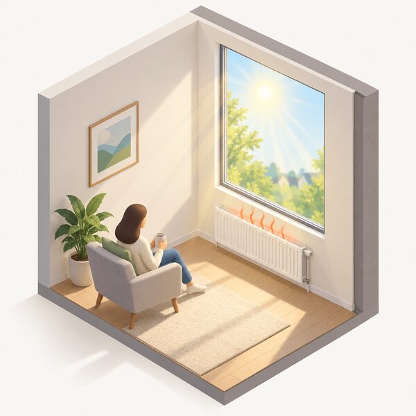 A cutaway interior view of a slim-framed window in a room wall, its narrow frame surrounding a large glazed area with sunlight streaming through the glass onto the floor, a radiator below the window warming the room.
