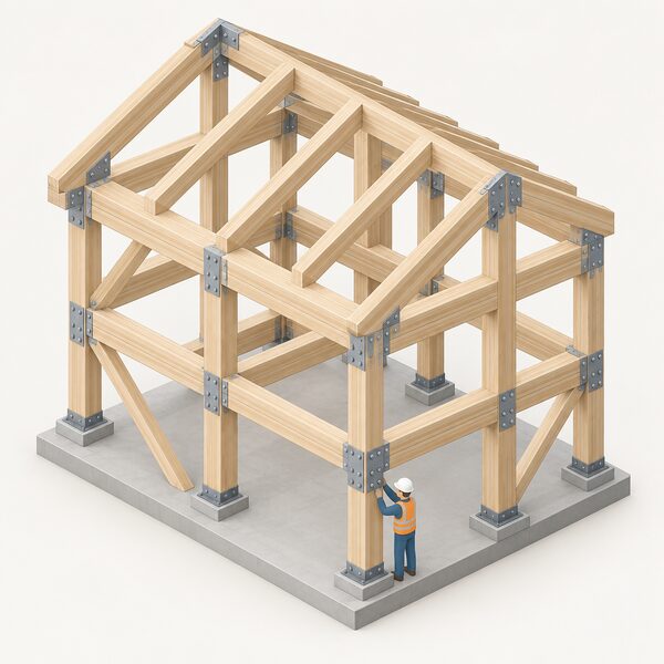 A cutaway isometric view of a glulam structural frame made of layered European whitewood beams jointed with steel flitch plates at the connections, shown as a building frame under construction with one simplified figure inspecting a bolted plate joint.