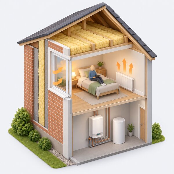 A cutaway isometric view of a house corner showing a double glazed window in the wall keeping heat inside, with cavity wall insulation in the wall cavity, loft insulation under the roof, and an energy-efficient heating system, all working together.