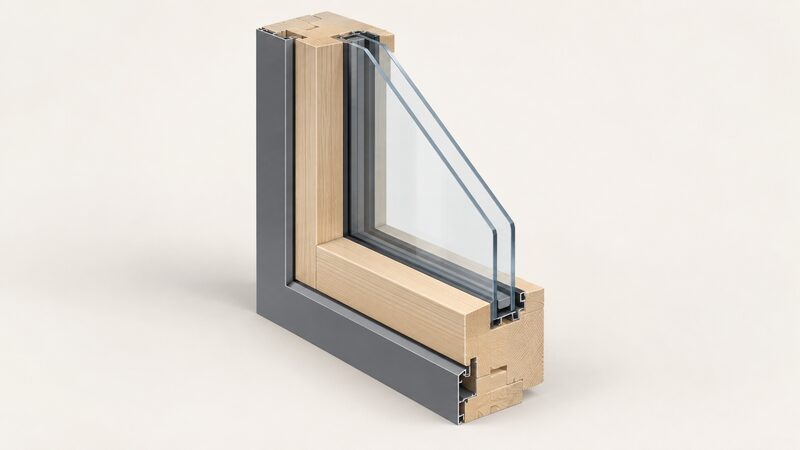 A cutaway cross-section of a composite window showing the structural timber inner frame facing the room and a slim aluminium outer profile clipped to the outside face, with double glazing set between them.