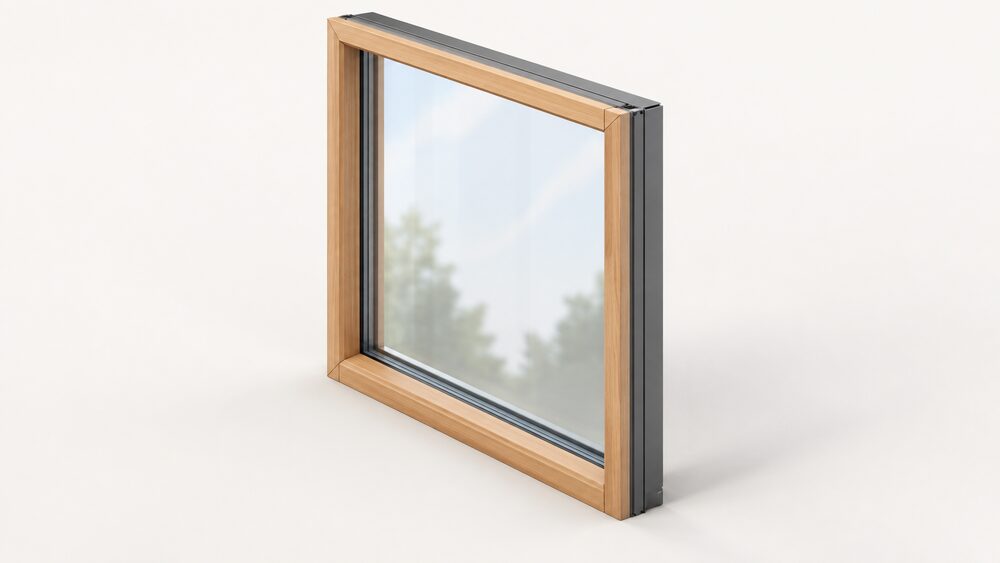 A close-up of a slim timber-aluminium window seen at an angle so the warm timber inner frame faces the viewer and the aluminium outer capping faces away, holding a slim sealed double-glazed unit with a large glass area and minimal frame.