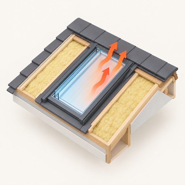 A cutaway isometric view of a sloped roof with a roof window set into it, the double-glazed unit within its frame shown as the dominant heat loss path compared with the well-insulated roof plane around it.