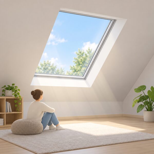 A slim-framed double glazed roof window set in a sloped ceiling, its narrow frame surrounded by a much larger area of glass, with daylight streaming through into the loft space below.