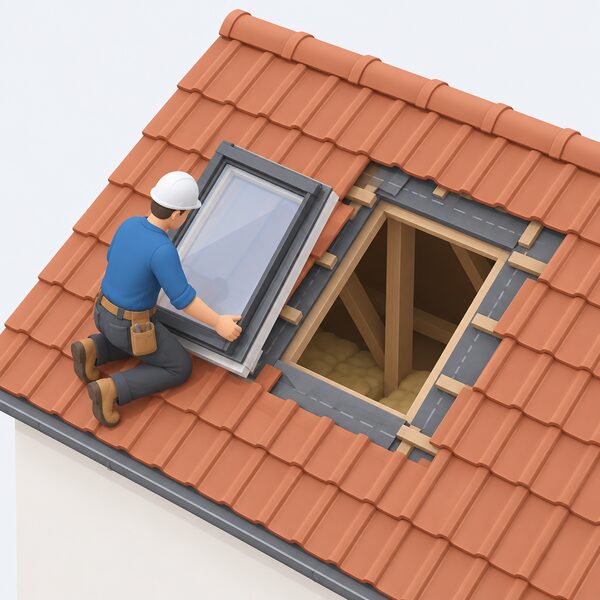 A fitter on a sloped tiled roof kneels beside an open roof window opening where the old unit has been removed, holding the new roof window frame ready to install, with the roof void and underfelt visible in the gap.