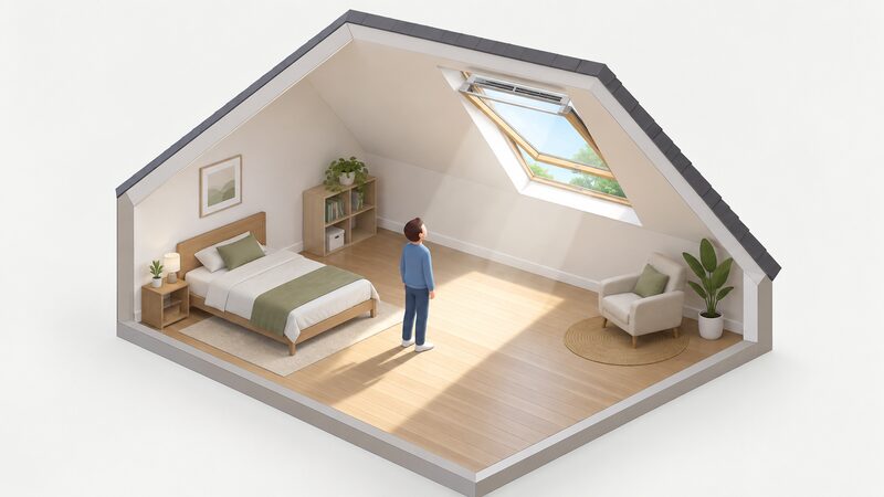 A simply furnished loft room with a large pivoting roof window set in the sloped ceiling, opened so daylight streams down across the floor, with a small isometric figure standing in the light looking up at the open window.