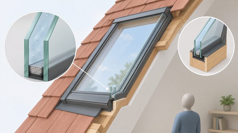 A cutaway diagram of a sealed double glazed roof window unit set in a sloping roof, showing the outer and inner panes in cross-section, the argon-filled cavity between them, the spacer at the sealed edge and the surrounding frame.