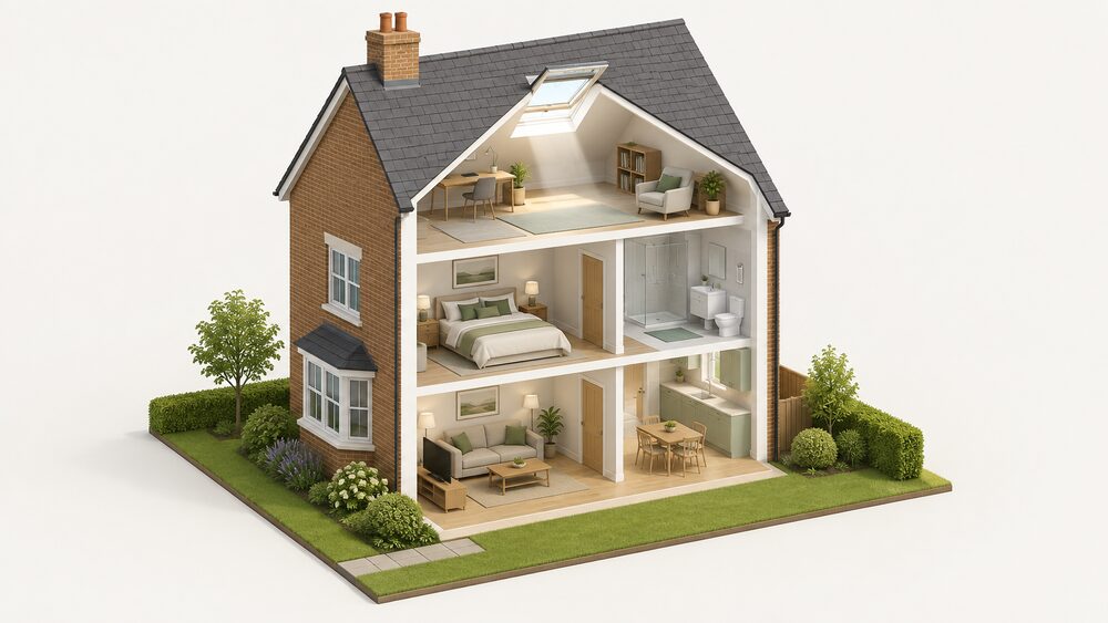 A cutaway UK house showing a sloping roof with a roof window set into the tiles, daylight streaming through it into a loft room directly beneath, with the window pivoted slightly open to ventilate the room that has no external wall.