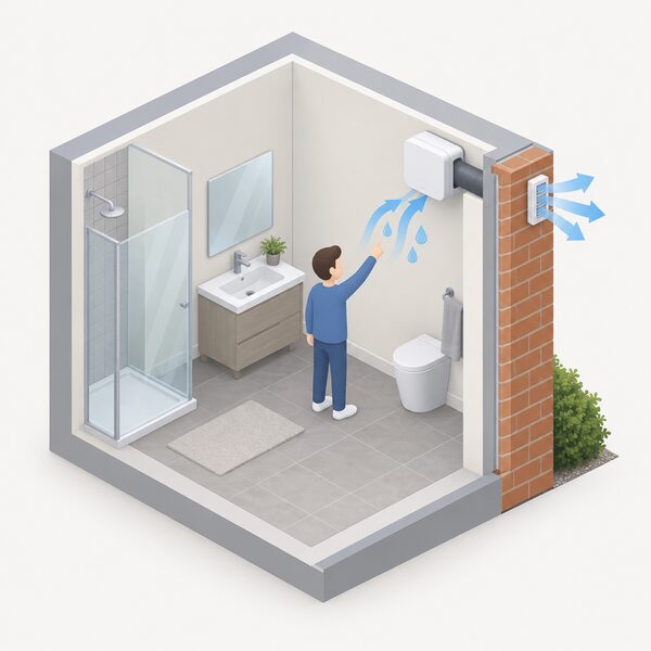A small decentralised MVHR unit mounted high on the wall of a single room, with a short duct penetrating the external wall and a simplified isometric figure nearby indicating the unit, showing moist air being extracted from that one room.