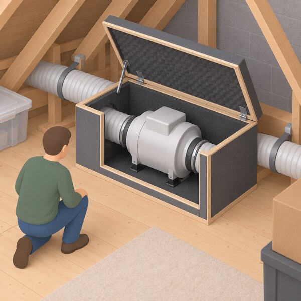 A small isometric figure of a ventilation fan unit fitted inside an acoustic enclosure, shown in a home setting such as a loft or cupboard, with the enclosure's hinged lid open so the fan unit inside is visible and the ducting connections remain attached.